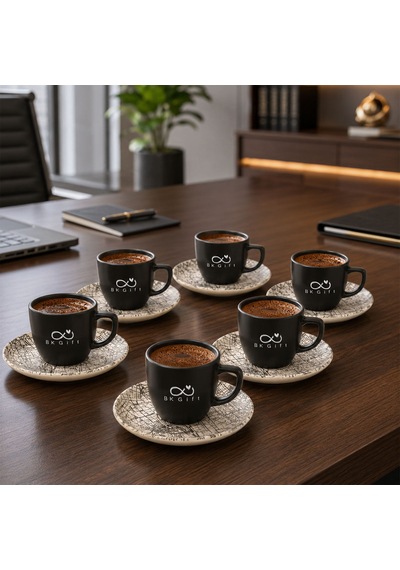 Logonuza Özel 6 Kişilik Black Magic Mat Siyah Fincan Takımı - 6 Fincan 6 Tabak Kurumsal Set Çok Renkli