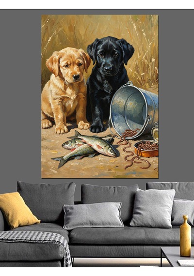 Ahşap Tablo Balık Yiyen Sevimli Köpekler