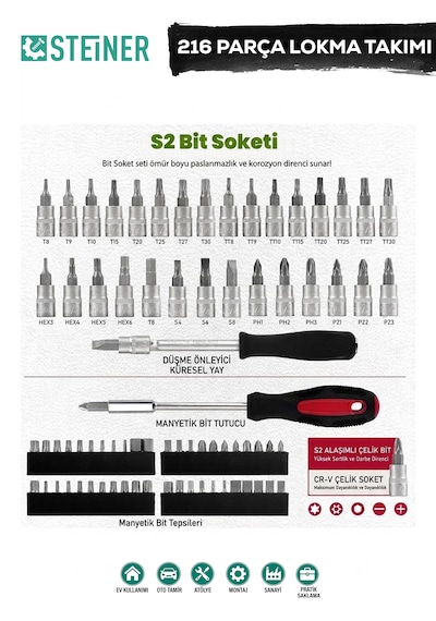 Steiner Ultra Güçlü 1/4 Cırcırlı 216 Parça Lokma Anahtar Takımı Oto Tamirci Full Tam Set 72 Diş