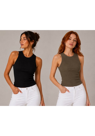 Feyece Kadın Siyah Haki Halter Yaka 2li Crop Bluz Haki - Siyah