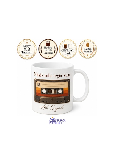 Kaset Tasarımlı Retro Baskılı Kupa Bardak Nostaljik Hediye Beyaz / Çok Renkli