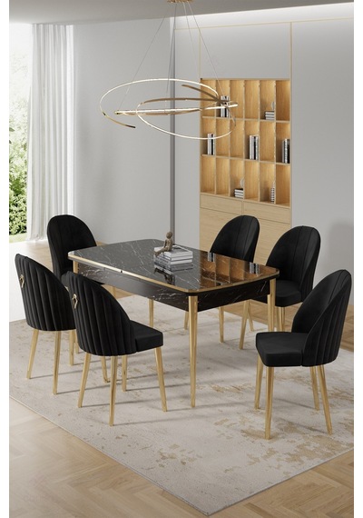 Canisa Rada Serisi 80x132 Açılabilir Lak Panel Siyah Mermer Desen Masa 6 Siyah Sandalye Gold Detay Masa Siyah Mermer Desen Sandalye Siyah Gold Ayak Canisa Rada Serisi 80x132 Açılabilir Lak Panel Siyah Mermer Desen Masa 6 Siyah Sandalye Gold Detay Masa Siyah Mermer Desen Sandalye Siyah Gold Ayak
