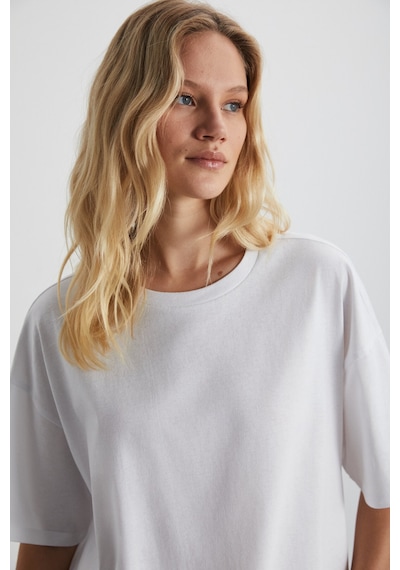 Grimelange Lagertha Kadın %100 Organik Pamuklu Kalın Dokulu Oversize Fit Yuvarlak Yakalı Beyaz T-shirt