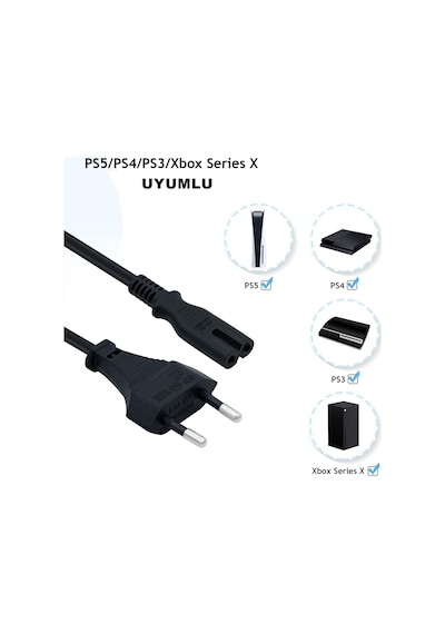 Ps3 / Ps4 / Ps5 / Xbox Series S-x Uyumlu Güç Kablosu 1.5 Metre 2pin Güç Kablosu Projeksiyon - Monitör - Tv Universal 2pin Güç Kablosu