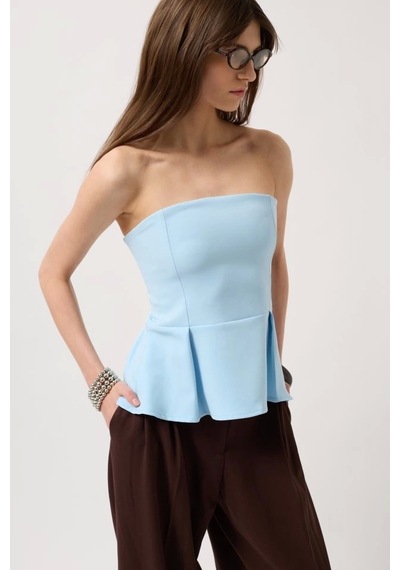 Defymoda Pileli Straplez Bluz Bebe Mavi