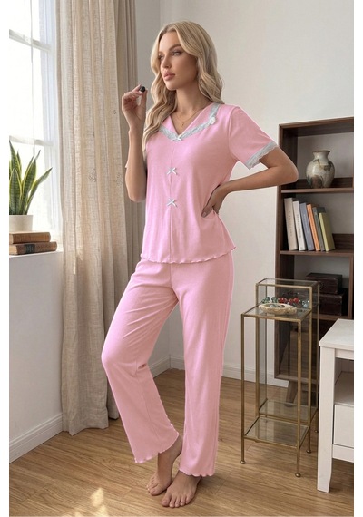 Bella Notte Pembe Dantel Yaka Fiyonk Detaylı Kısa Kollu Kadın Pijama Takımı Çok Renkli