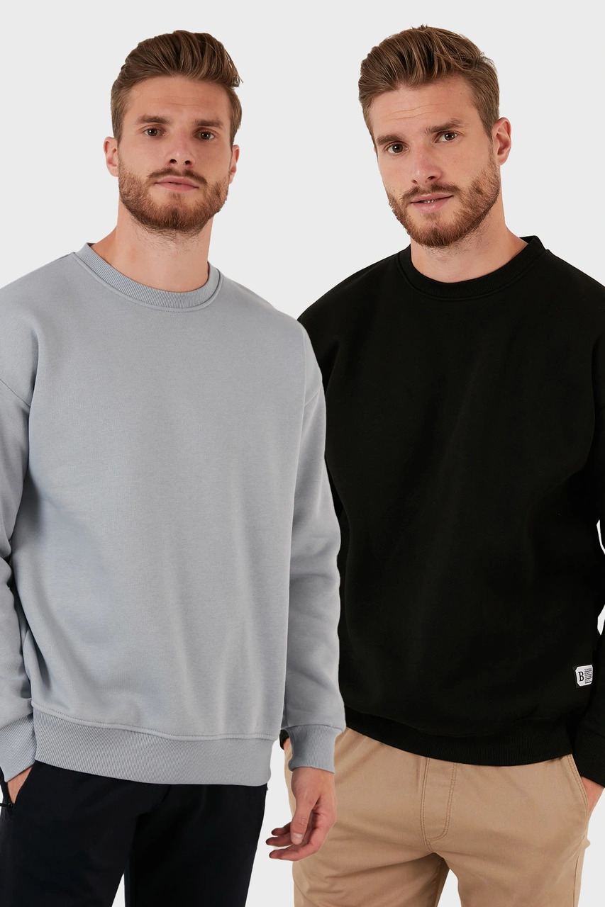 Buratti Regular Fit Bisiklet Yaka Şardonlu 2'Li Paket Erkek Sweat 5905255S2 Açık Gri-Siyah