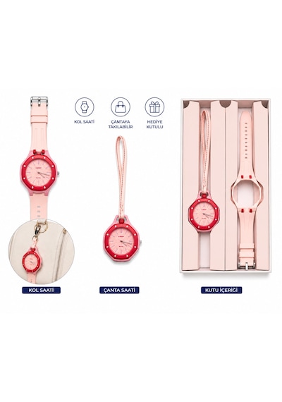 Duostyle 2'si 1 Arada Analog Kol Saati Ve Çanta Saati Silikon Kordonlu Unisex Kırmızı