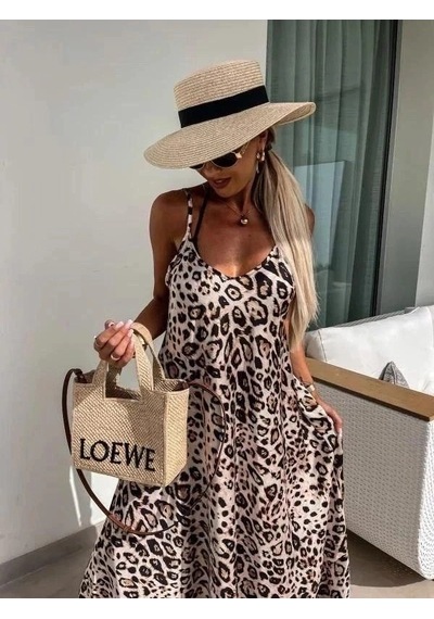 Zennamoda Kadın Askılı Yuvarlak Yakalı Geniş Kesim Leopar Desenli Uzun Süprem Elbise