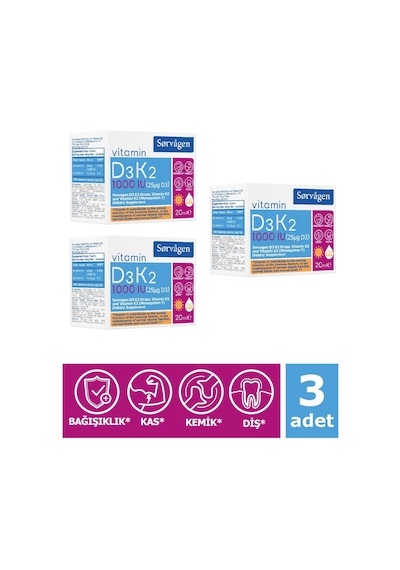 Sorvagen Vitamin D3K2 Damla 20 Ml (1000 IU) - 3 Adet