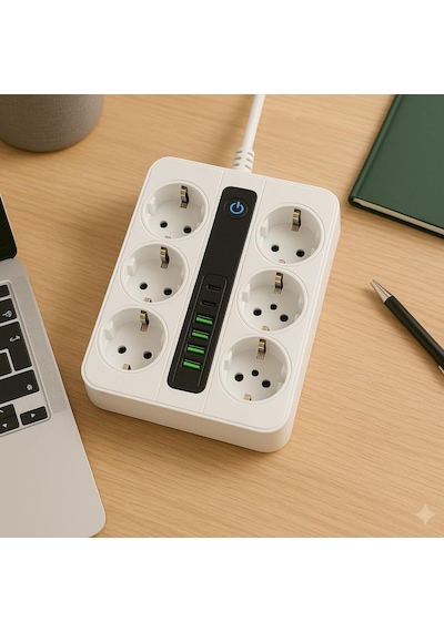 6 Prizli Akım Korumalı Çoklu Priz 4 Usb Şarj Girişli Duvar Tipi Anahtarlı Güvenlik Korumalı 1 - 3 M