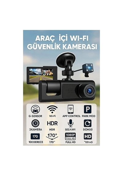 Lcd Ekranlı 1080p 3 Kameralı Araç İçi Kamera Geri Görüş Destekli Gece Görüşlü G Sensörlü