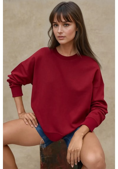 Hiccup Oversize Bisiklet Yaka Basic Sweatshirt Bordo Kırmızı