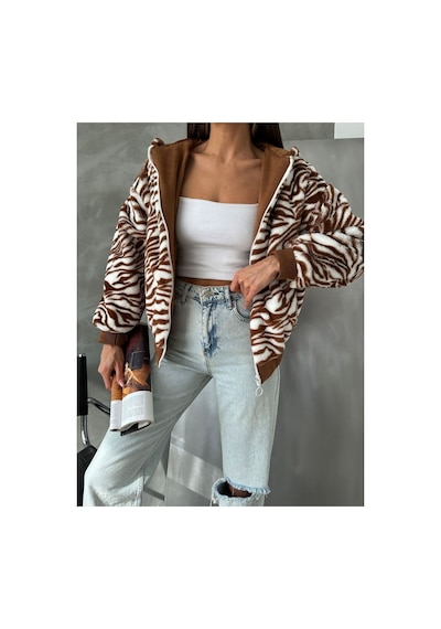 Verymoda Leopar Baskılı Peluş Mont F1650 Taba Zebra