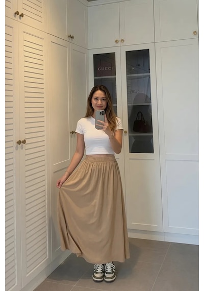 Kadın Bej Poplin Kumaş Uzun Etek Beli Lastikli Günlük Maxi Etek 90 Cm
