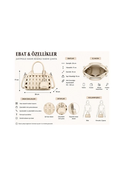 Just Polo Kadın Orta Boy Örgü Detaylı Ayarlanabilir Askılı Lüks El Ve Omuz Çantası Shopper Kum