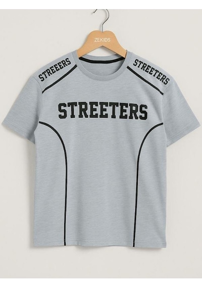 Ekkokids Çocuk Streeters Yazılı Pamuklu Oversize T-shirt-16015 Gri