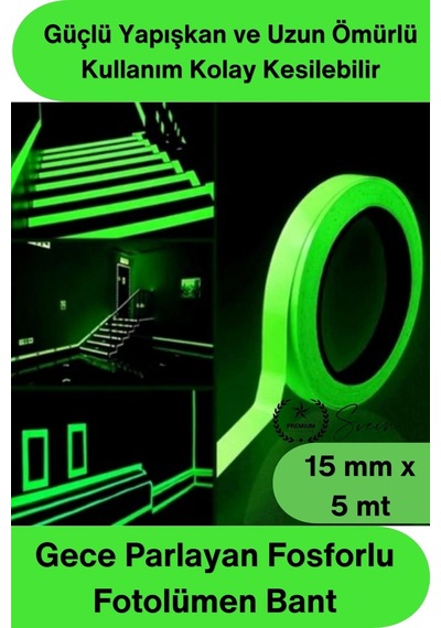 Fosforlubant Gece Parlayan Fosforlu Fotolümen Bant 15mm X 5 Metre Kendinden Yapışkanlı Acil Çıkış Y