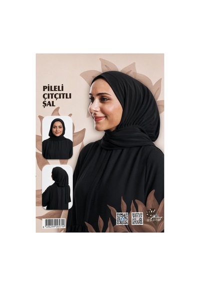 Pileli Çıtçıtlı Şal Siyah Hazır Tesettür Şalı