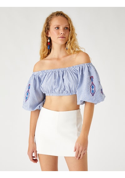 Koton Nakışlı Crop Bluz Omzu Açık Mavi Çizgili 2sak30116ew Mavi Çizgili