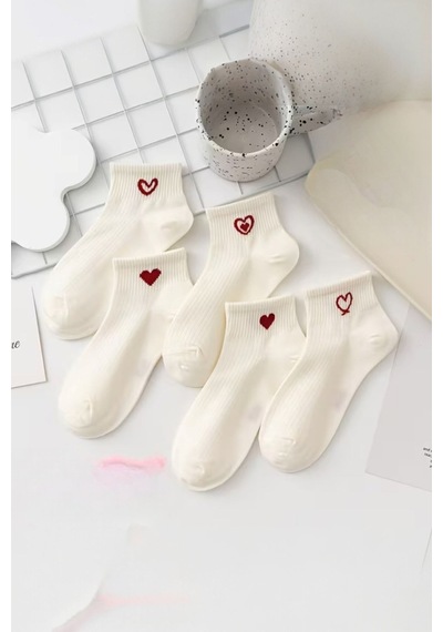 Hitit Socks Kadın 5 Çift Kalp Desenli Kısa Patik Çorap Ekru Çok Renkli