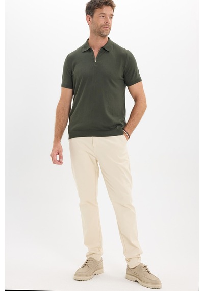 Tudors Erkek Slim Fit Dar Kesim %100 Pamuk Örme Triko Fermuarlı Haki Polo Yaka Tişört-50719