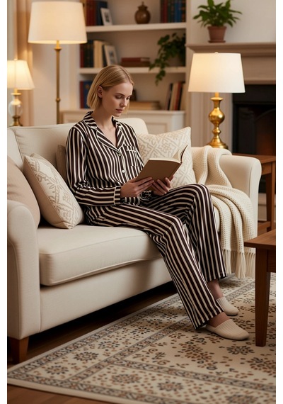 Benerly Kadın Gömlek Yaka Standart Kol Regular Kalıp Çizgili Pijama Takım Kahverengi