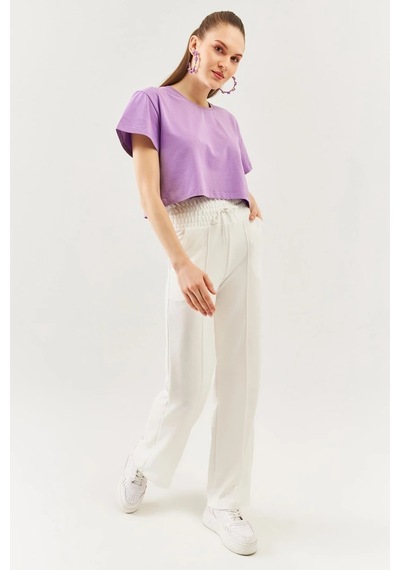 Kadın Rahat %100 Pamuklu Penye Bisiklet Yaka Kısa Kol Basic Crop T-shirt Lila