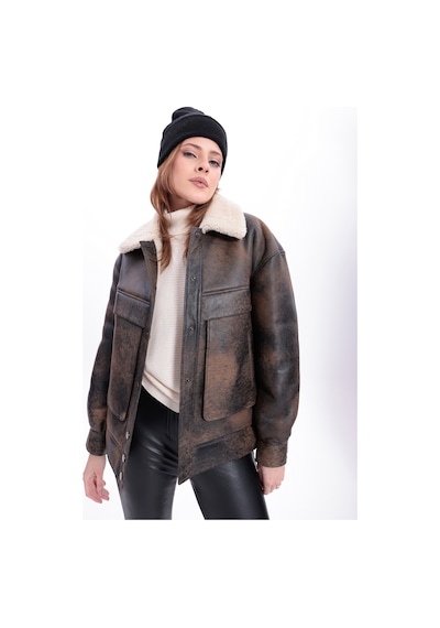 M M Marki Marki Kadın Hakiki Deri Ceket, İçi Kürklü, 58 Cm, Oversize, Sportif Eskitme Model - 119922 Kahverengi Eskitme