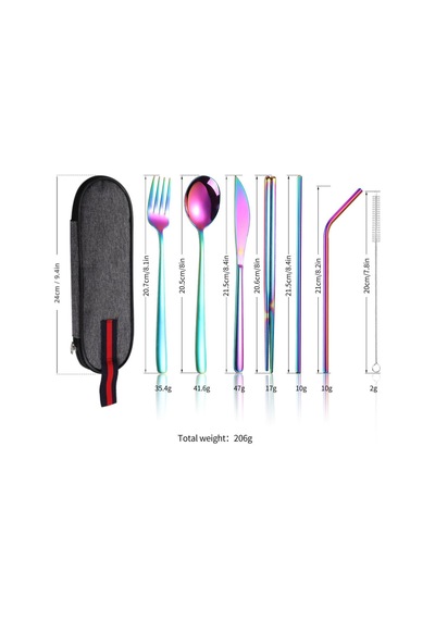 Valkyrie 8 Parça Çantalı Yolculuk Çatal Bıçak Kaşık Pipet Chopstick Seti Kamp Okul Ofis Tatil Paslanmaz Çelik Renkli Çok Renkli