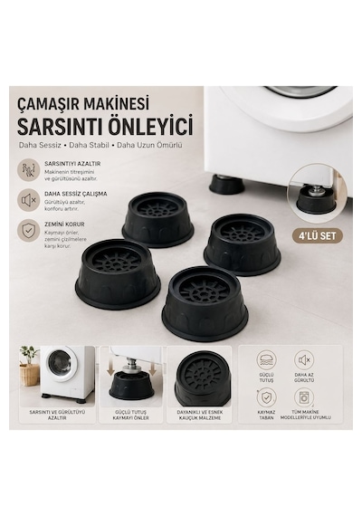 Titreşim Önleyici Çamaşır Makinesi Ayak Pedi - 4 Lü Set Kaymaz - Sessiz - Zemin Koruyucu