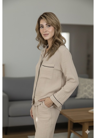 Varol %100 Pamuk Müslin Kadın Pijama Takımı - Bej Bej