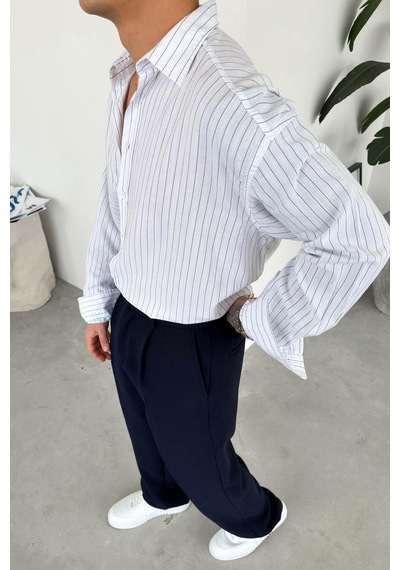 Beyaz Çizgili Oversize Keten Gömlek Beyaz