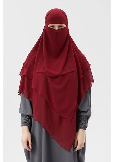 Altobeh Hazır Pratik Şifon Üç Katlı Peçeli Üçgen Hac Umre Şalı Sufle Hijab Nikap Bordo