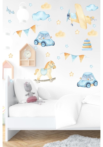 MSticker Pastel Tonlarda Araba, Uçak, At Figürleri Çocuk Bebek Odası Sticker