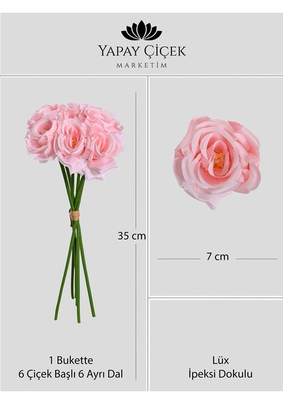 Pembe Yapay Gül Buketi 6 Dallı Lüx İpeksi Dokulu 35 Cm