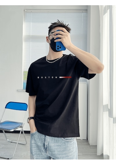 Unisex Boston Tasarım Basklı Tshirt Siyah