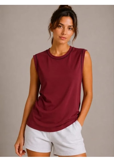 Valensdesign Kontrast Biyeli Kolsuz Atlet Bisiklet Yaka Yazlık Basic Atlet - Bordo