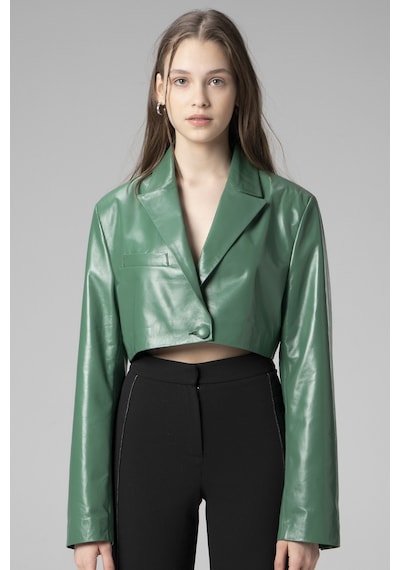 Yeşil Overlay Dericlub Wm034 Gerçek Deri Crop Blazer Kadın Ceket