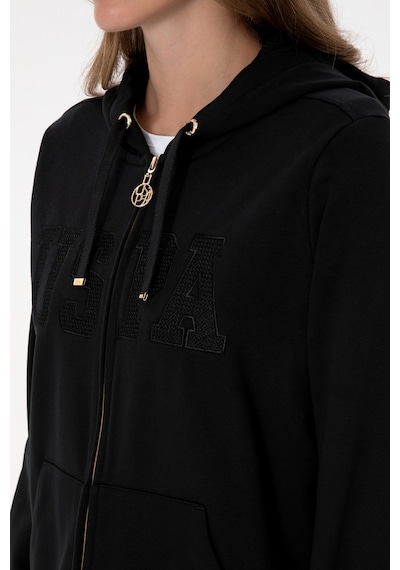 U.S. Polo Assn. Kadın Siyah Uzun Fermuarlı Kapüşonlu Basic Sweatshirt 50307724-VR046