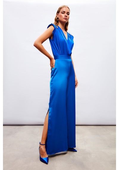 Sateen Yırtmaç Detaylı Saten Pantolon - Saks Mavisi