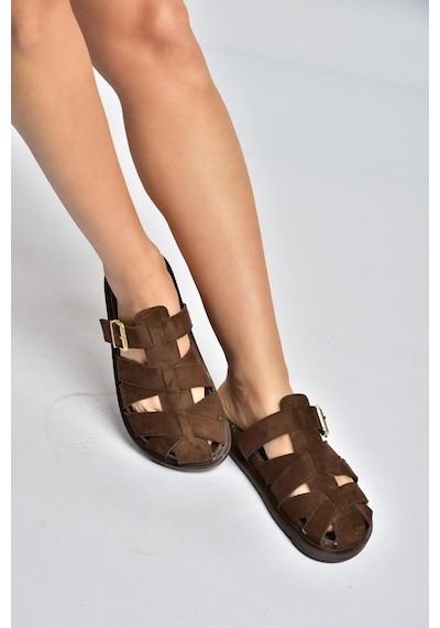 Fox Shoes Y596549502 Kahverengi Süet Tokalı Önü Kapalı Kadın Terlik
