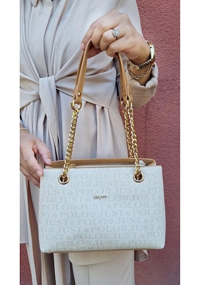Just Polo Kadın Baskılı Uzun Ayarlanabilir Askılı Şık El Ve Omuz Çantası Shoulder Bag Beyaz - Taba