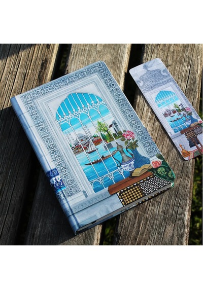Boğazı Seyretmek El Yapımı Ciltli Defter Telifli Sanat Eseri Minyatürlü Kapak Açık Mavi