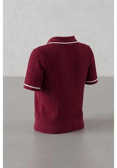 Rovebella Incanto Polo Yaka Saç Örgü Bordo Triko Bluz