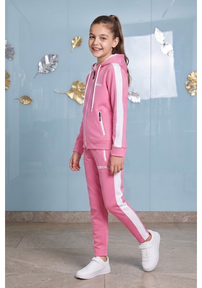 Pina Kids Kız Çocuk Potential Kalın Şeritli Kapüşonlu Düz Paça Dalgıç Kumaş Eşofman Takımı Esf7016 Pembe