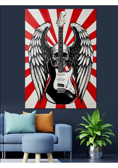 Kanatlı Kurukafa Ve Gitar Rock Konser Posteri Dekoratif Kanvas - Mdf Ahşap Tablo