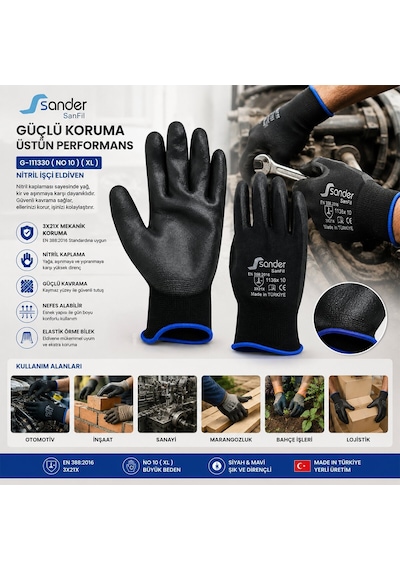 Sander G-111330 Nitril İşçi Eldiven - No 10 Xl Siyah Mavi Başlık- 10'li Paket