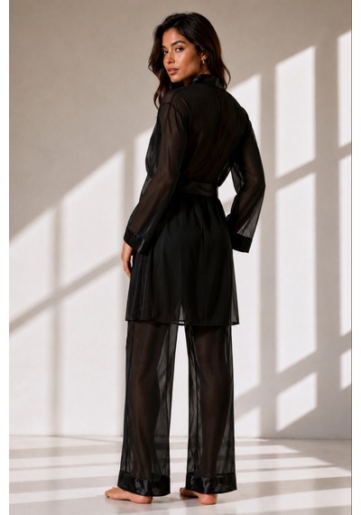 Qmen Style Kadın Şifon Kimono- Pijama - Şort Seti Siyah