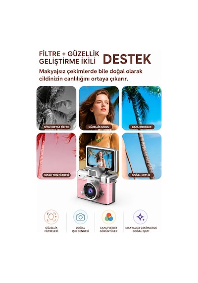Cepaks Lk-027 Beyaz Retro Mini Dijital Fotoğraf Makinesi Hd Video, Katlanabilir Ekranlı 48 Mp Flaşlı